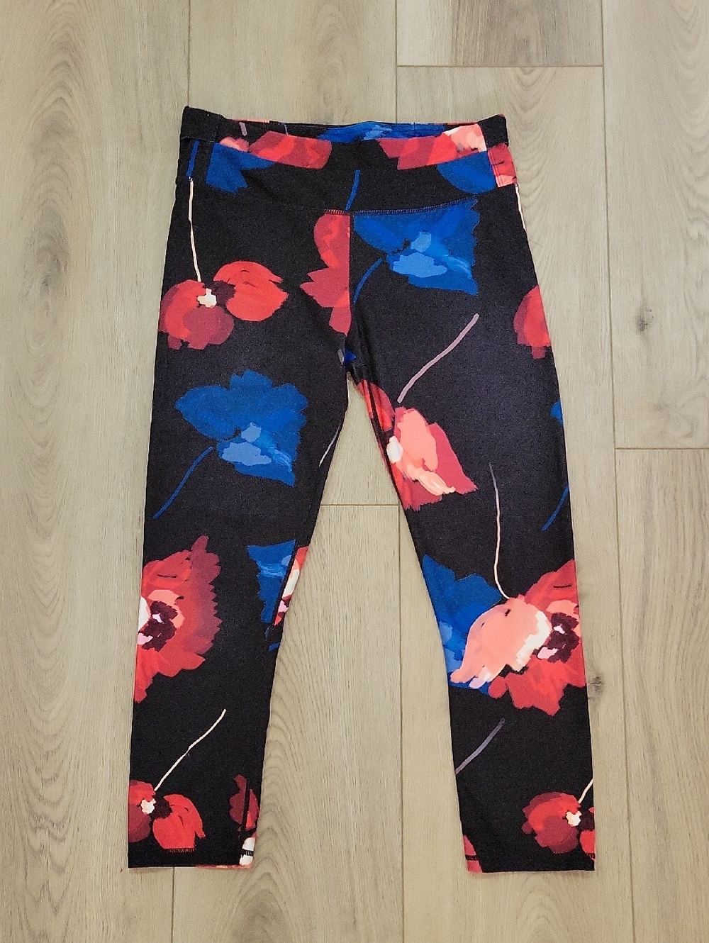 Fabletics Black Leggings with Blue & Red Floral Print